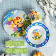 купить Набор детской посуды из керамики Доляна Мишка на велосипеде, 3 предмета кружка 230 мл, миска 400 мл, тарелка d18 см