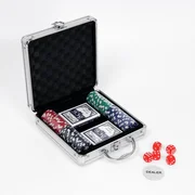 купить Покер в металлическом кейсе 2 колоды, фишки 100 шт с номиналом, 5 кубиков, 20 х 20 см
