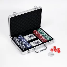 Покер в металлическом кейсе 2 колоды карт, фишки 200 шт бноминала, 5 кубиков, 20.5 х 29 см