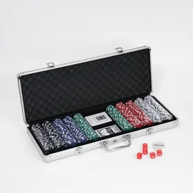 Покер в металлическом кейсе карты 2 колоды, фишки 500 шт бномомин.,5 кубиков, 20.5 х 56 см