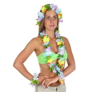 купить Набор гавайская тема 4 в 1 ожерелье, венок, 2 браслета, многоцветные цветы
