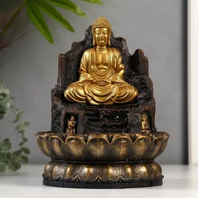 Фонтан настольный от сети, подсветка Золотой Будда на троне из скалы 28х20,5х20,5 см