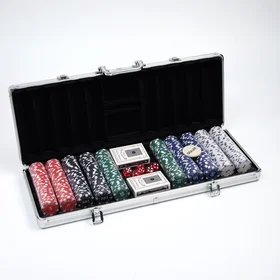 Покер в металлическом кейсе 2 колоды, фишки 500 шт сноминалом, 5 кубиков, 20.5 х 56 см