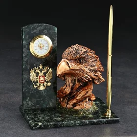 Письменный набор Орёл, с часами и ручкой, 10х15х15 см, змеевик, гипс