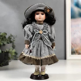 Кукла коллекционная керамика Валя в платье в полоску и вязаном жилете 30 см