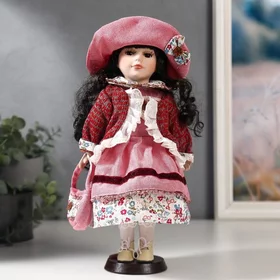 Кукла коллекционная керамика Даша в коралловом платье и бордовом джемпере 30 см