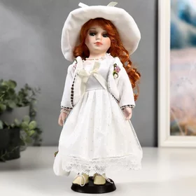 Кукла коллекционная керамика Зоя в белом платье в горошек 30 см