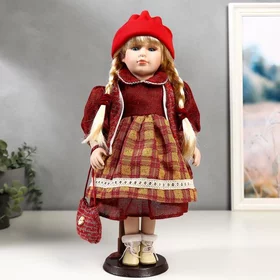 Кукла коллекционная керамика Марина в бордовом платье в клетку 40 см