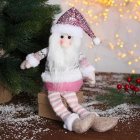 Мягкая игрушка Дед Мороз в розой шапочке-длинные ножки 11х37см, бело-розовый