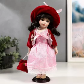 Кукла коллекционная керамика Таисия в розовом платье и красном кардигане 30 см