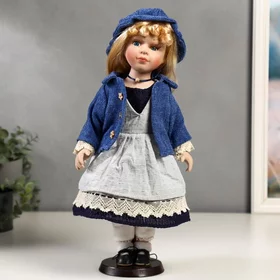 Кукла коллекционная керамика Мариша в сарафане и синей кофточке 40 см