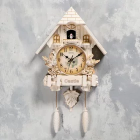 Часы настенные, серия Маятник, Замок с птицами, плавный ход, 63 х 8 х 32 см, белые