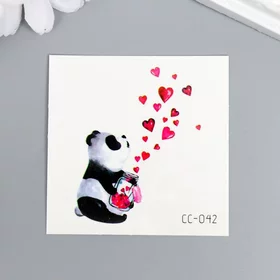 Татуировка на тело цветная Панда с баночкой с сердцами 6х6 см