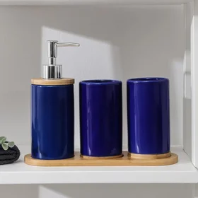 Набор аксессуаров для ванной комнаты Натура, 3 предмета дозатор 400 мл, 2 стакана, на подставке, цвет синий