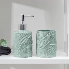 Набор аксессуаров для ванной комнаты Листва, 2 предмета дозатор для мыла, стакан, цвет зелёный