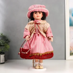 Кукла коллекционная керамика Ксюшенька в платье в клетку цвета пыльной розы 40 см