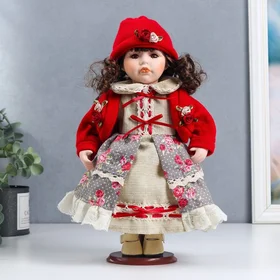 Кукла коллекционная керамика Лиза в платье с цветами, в красном жакете 30 см