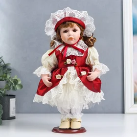 Кукла коллекционная керамика Мила в красно-белом платье и чепчике 30 см