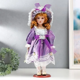 Кукла коллекционная керамика Малышка Лида в фиолетовом платьице 40 см