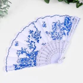 Веер пластик, текстиль Синий рисунок на белом МИКС 23 см