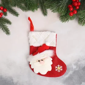 Мягкая подвеска Носок - Дед Мороз с пушком 13х17 см, бело-красный