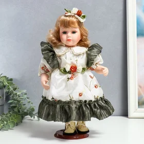 Кукла коллекционная керамика Беатрис в атласном платье с розочками 30 см
