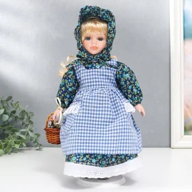 Кукла коллекционная керамика Маруся в синем цветочном платье и косынке 30 см