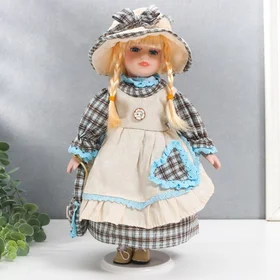 Кукла коллекционная керамика Лена в голубом платье и шляпке в клетку 30 см