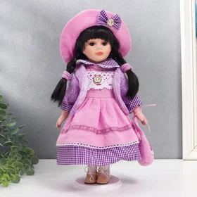 Кукла коллекционная керамика Женя в розово-сиреневом платье, в клетку 30 см