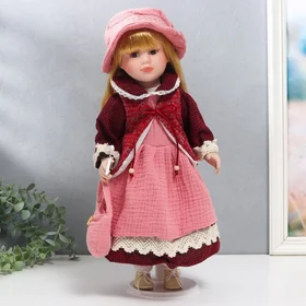 Кукла коллекционная керамика Нина в розовом платье и бордовом жакете 40 см