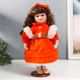 Кукла коллекционная керамика Агата в ярко-оранжевом платье и банте, с рюшами 30 см
