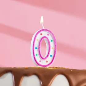 Свеча восковая для торта с блестками Цветные точки цифра 0, цвета МИКС