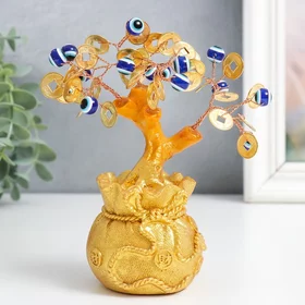 Сувенир бонсай Денежное дерево в золотом мешке 16 глазиков, 32 монеты 15х6,5х6 см