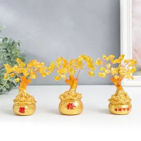 Сувенир бонсай Денежное дерево с янтарём в золотом мешке 36 камней МИКС 11,5х4,5х4,5 см