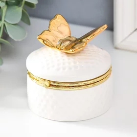 Шкатулка керамика Золотая бабочка. Плетёнка белая 7х7х7 см