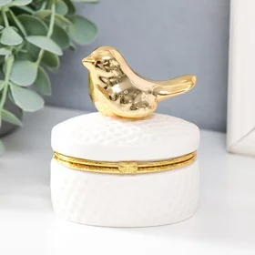 Шкатулка керамика Золотая птичка. Плетёнка белая 7,5х5,6х9 см