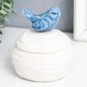 Шкатулка керамика Синяя птичка на гнезде белая 9х9х10 см