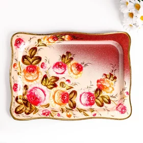 Поднос жостовский Розы, розовый, с авторской росписью, 37х27 см