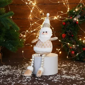 Мягкая игрушка Дед Мороз в полосатом колпаке, ножки-бусинки 10х32 см, золото