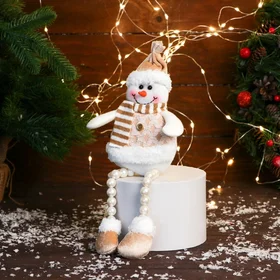 Мягкая игрушка Снеговик в полосатом шарфе, ножки-бусинки 10х30 см, золото