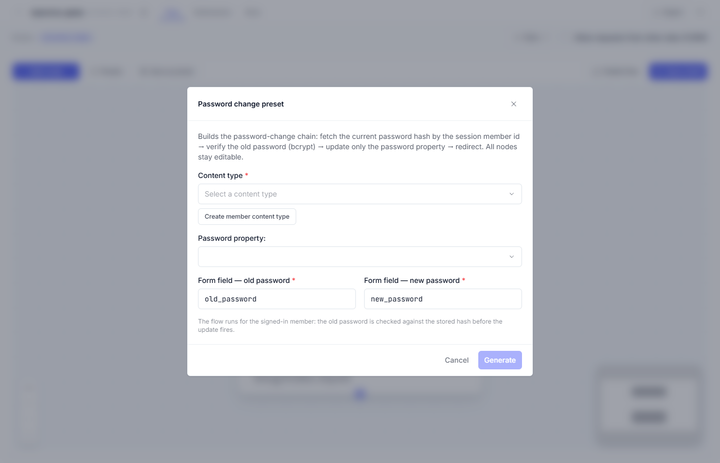 The Password change preset options window