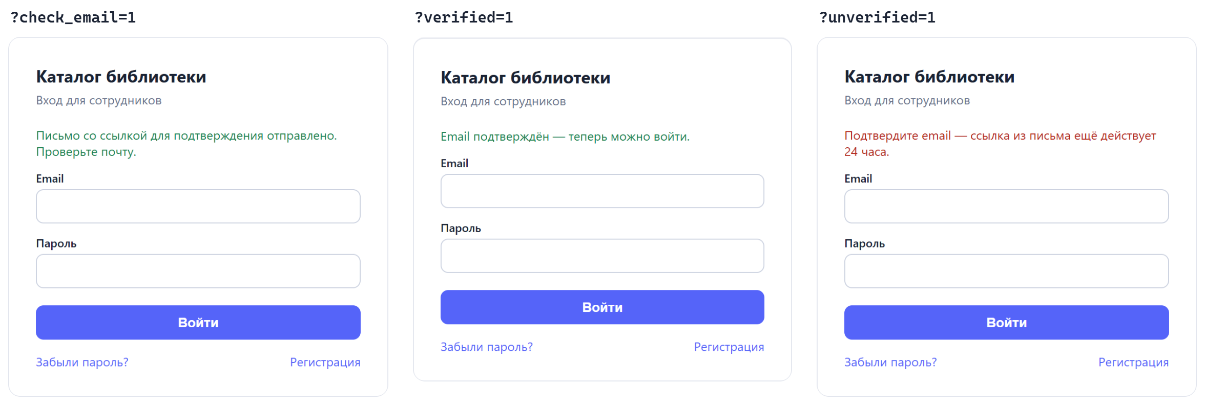 Три состояния страницы входа по параметру адреса: письмо отправлено, email подтверждён, вход отклонён до подтверждения