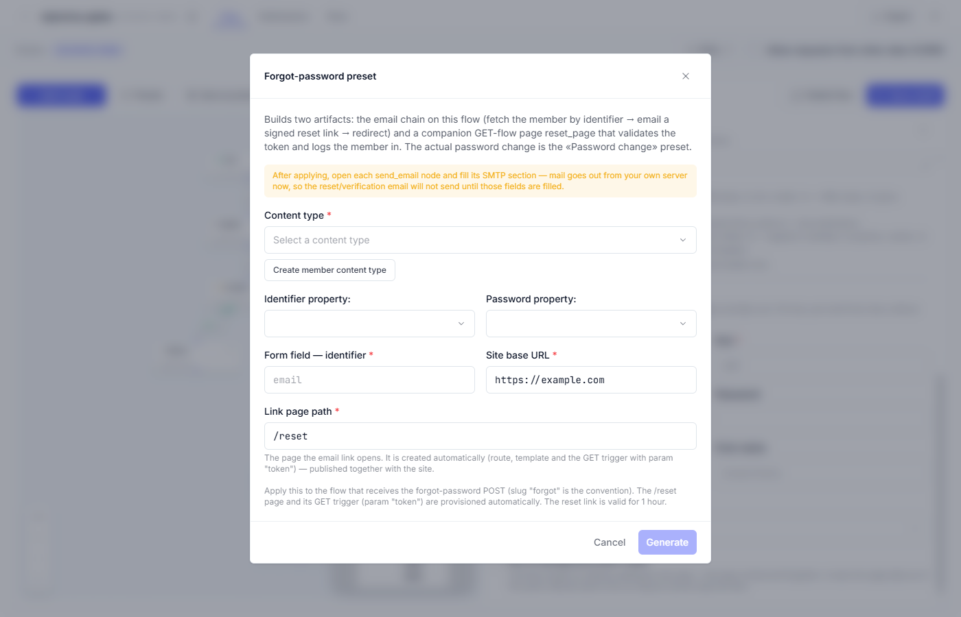 The Forgot password preset options window: members and fields