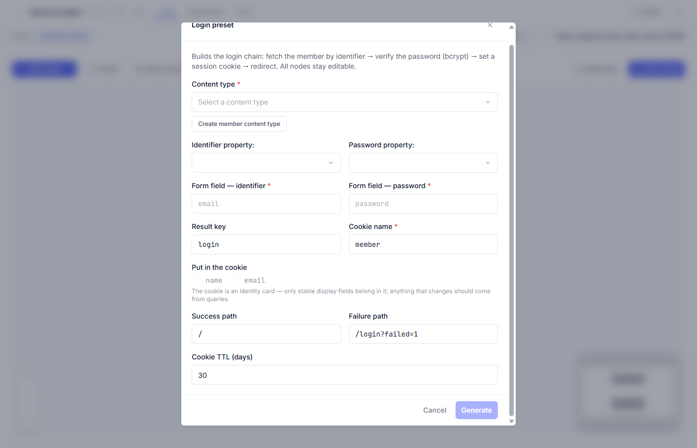 The bottom of the options window: cookie, paths, session lifetime