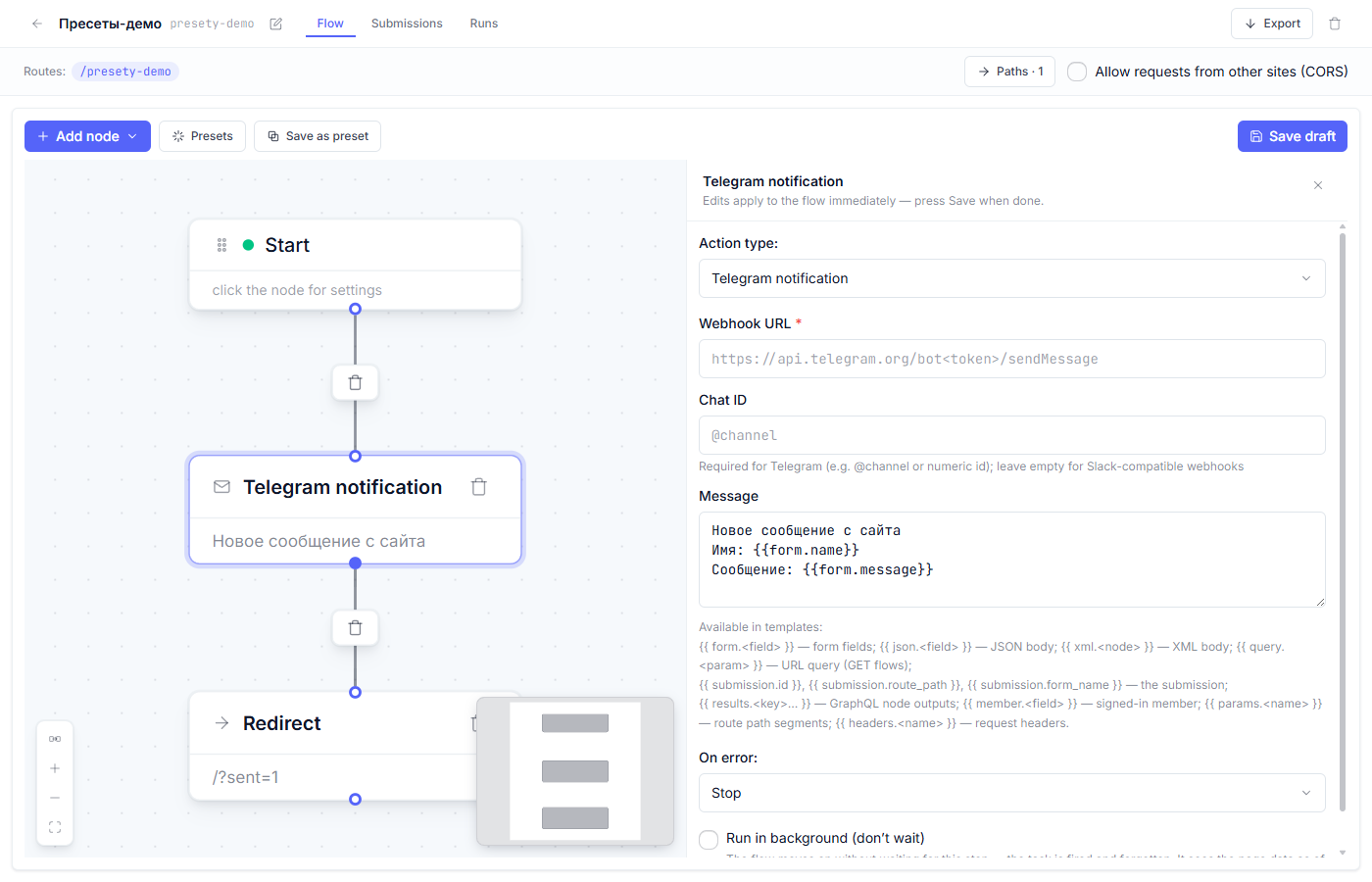 The node inspector: Webhook URL, Chat ID, message