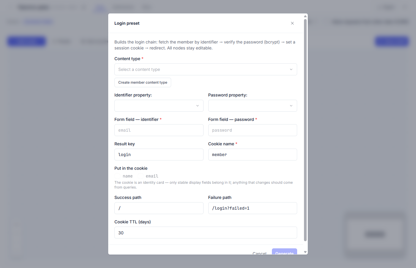 The Login preset options window
