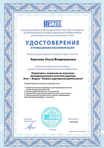 Удостоверение о повышении квалификации. Модуль Основы аудиторской деятельности
